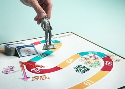 Over a game board showing items relating to social security issues, a man places a game piece in the shape of himself.