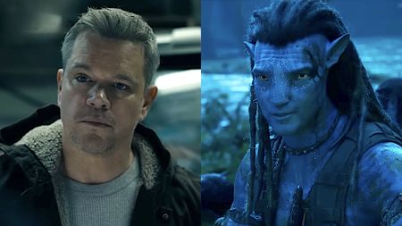 Matt Damon in The Instigators/ Jake Scully as a blue Na'avi in Avatar: Fire and Ash (side by side image)