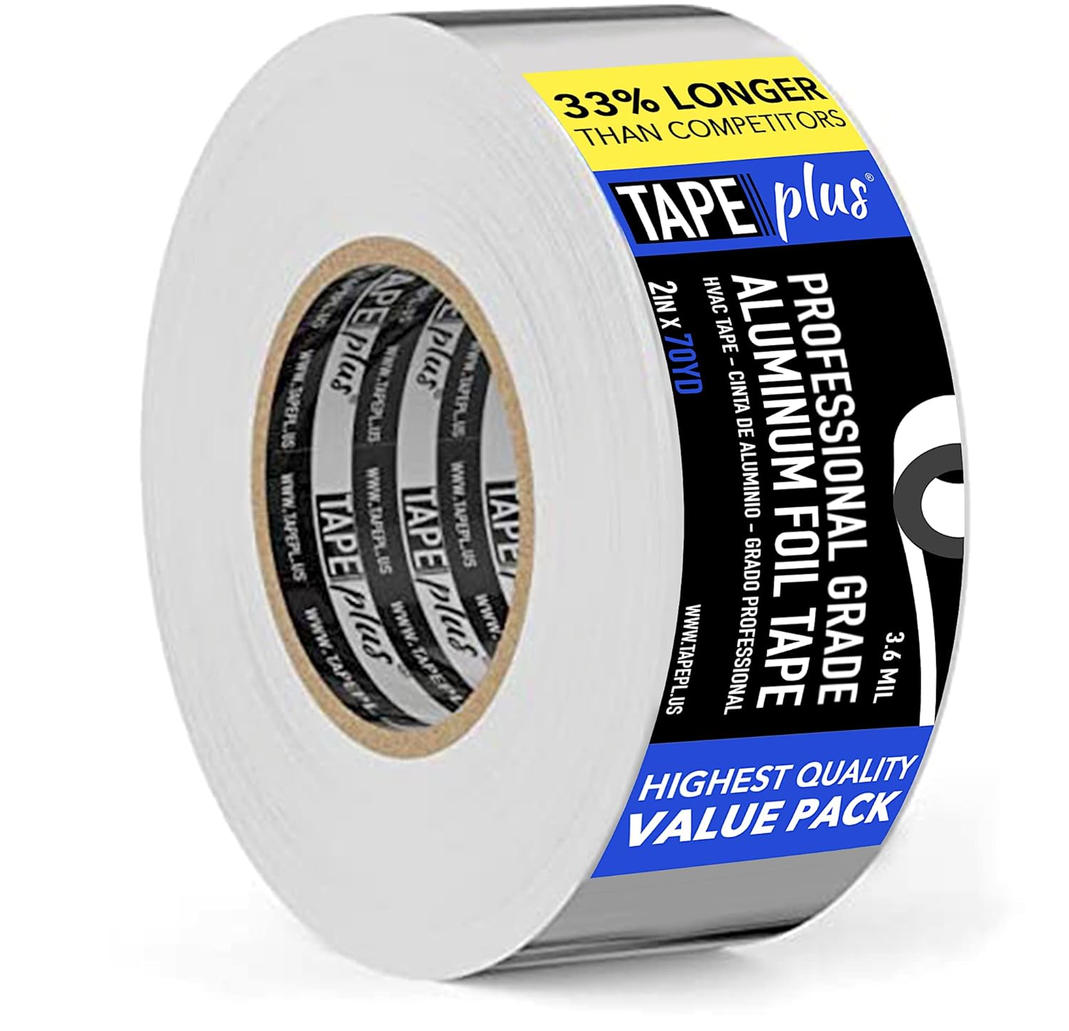 Tapeplus Aluminum Foil Tape - Hvac &amp;amp; Ductwork Sealing With Hvac Tape - Metal Ductwork Insulation &amp;amp; Moisture Protection - Heat-Resistant Performance to 250&amp;deg;f - 2 in X 70 Yd, Pack of 1, Silver