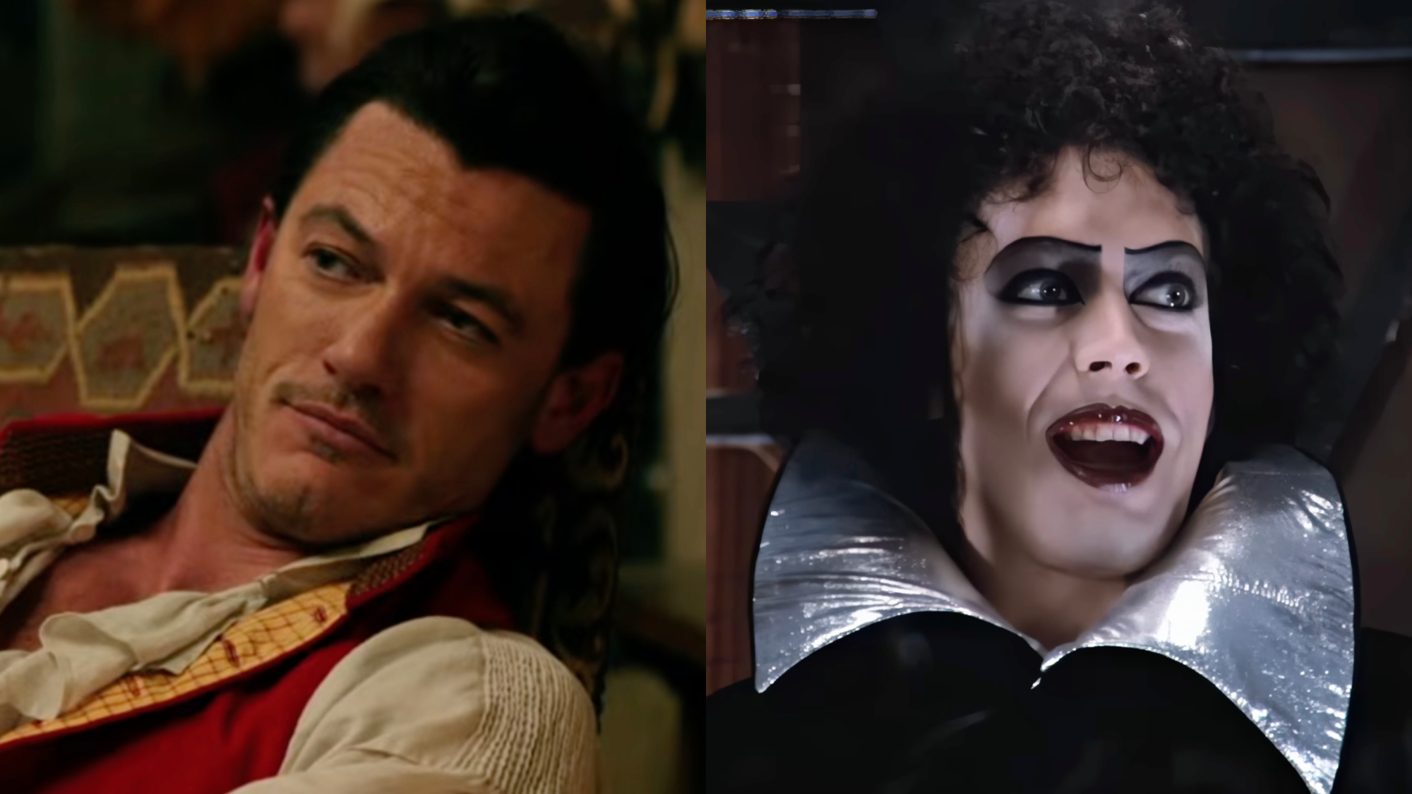 Luke Evans and Tim Curry in a side-by-side photo.