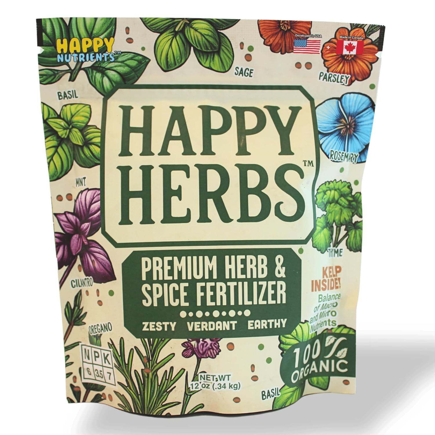 Fertilizer for Herbs Happy Herb Organic Fertilizer by Happy Nutrients &amp;ndash; Plant Food for Basil, Mint, Cilantro, Rosemary, Thyme &amp;amp; More &amp;ndash; Macro &amp;amp; Micro Nutrients for Home Gardens &amp;ndash; 12 Oz (0.34 Kg)