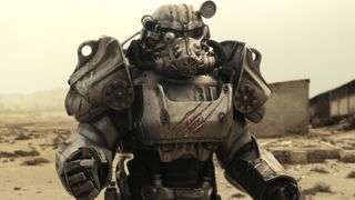 A screenshot of someone wearing the iconic T-60 power armor in Fallout on Prime Video