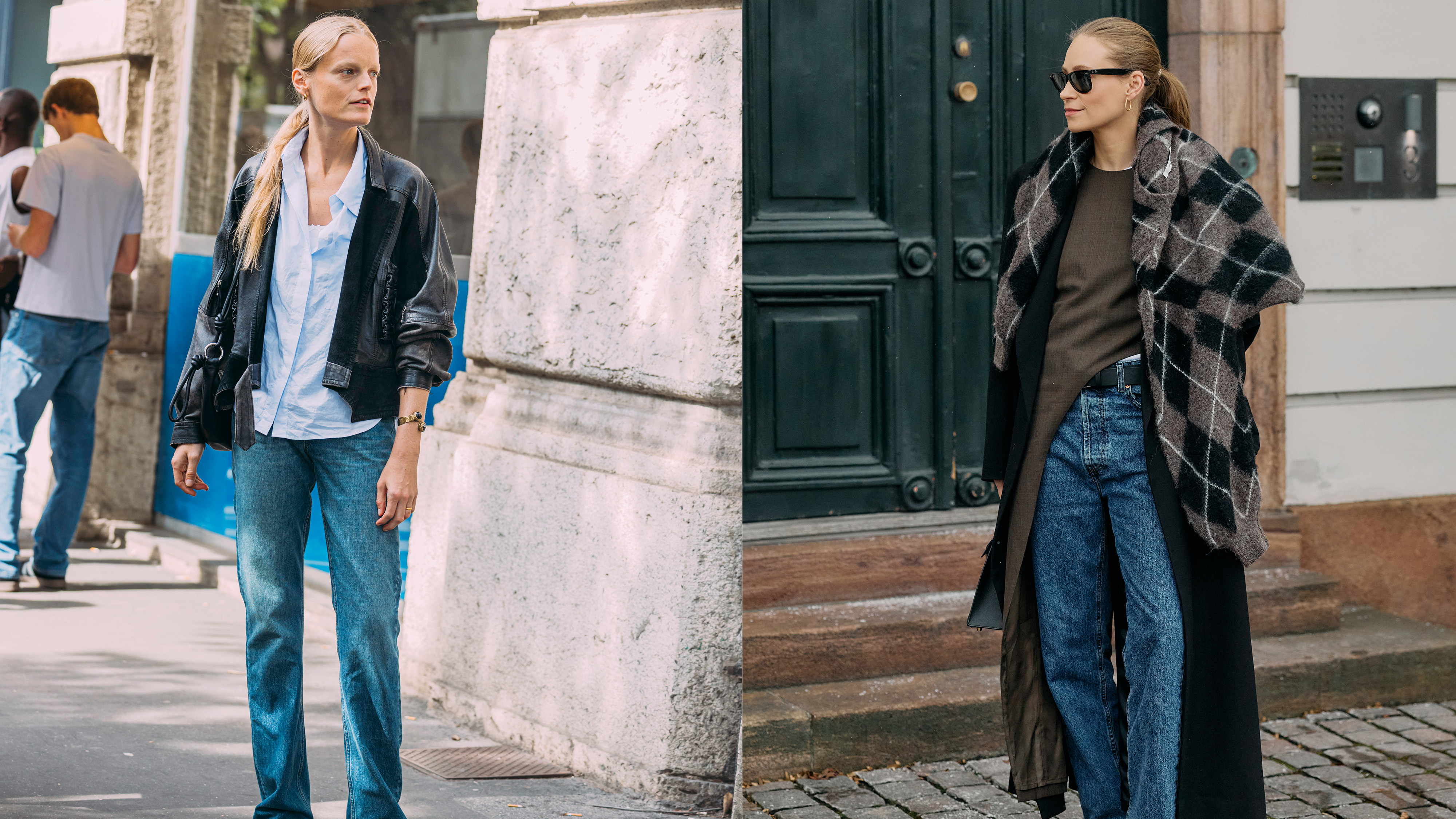 A collage of two women wearing stovepipe jeans.