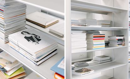 Metal shelves of International Library of Fashion Research with handful of magazines