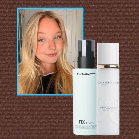 girl with blonde hair taking a selfie next to an assortment of setting sprays