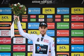 Ilan Van Wilder (Team DSM) celebrates white jersey for best young rider after the second stage of the Critérium du Dauphiné