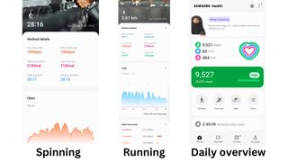 Three screenshots of the Samsung Health app with spinning, running, and daily overview insights from Sarah Finley