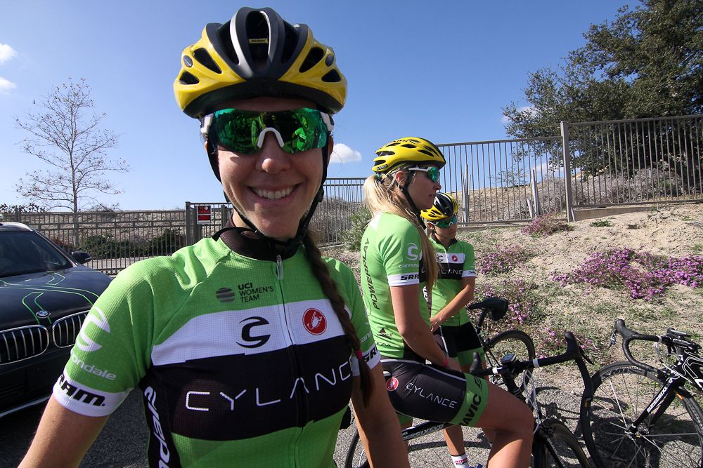 Katherine Bertine gets ready for a training camp ride.