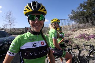 Katherine Bertine gets ready for a training camp ride.