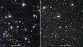 (left) Wolf–Lundmark–Melotte as seen by the Spitzer Space Telescope (Right) an improved view of the galaxy seen by the james Webb Space Telescope
