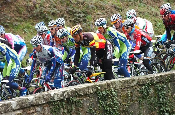 Tom Boonen (Quick Step) is easy to pick out in his Belgian National Championship jersey.