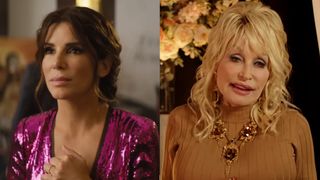 Sandra Bullock in The Lost City/ Dolly Parton being interviewed on Watch What Happens Live (side by side image) 