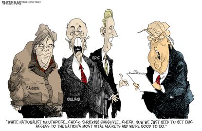 Political cartoon U.S. 2016 election Donald Trump transition team