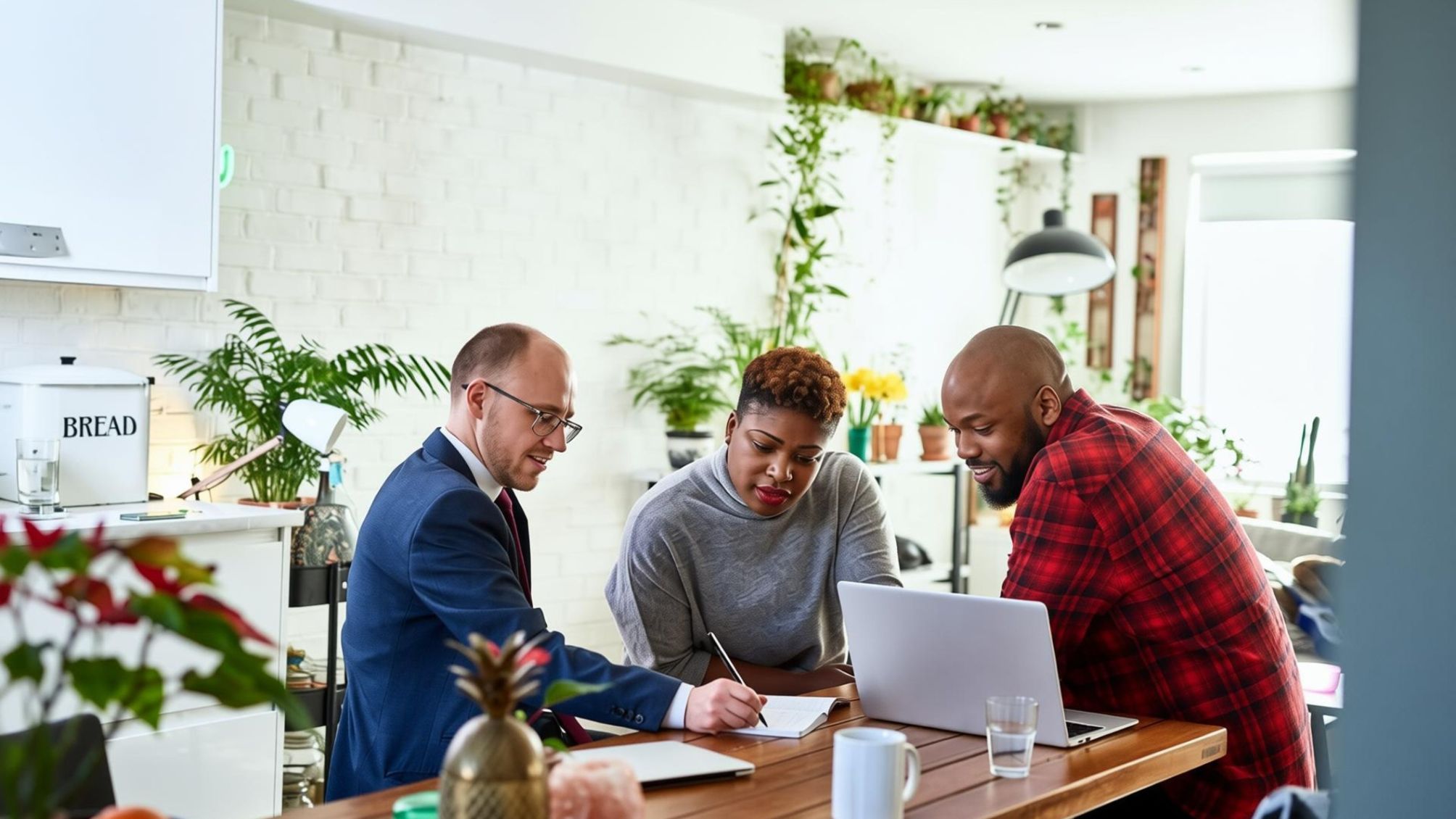 Couple listening to financial advisor at home with laptop