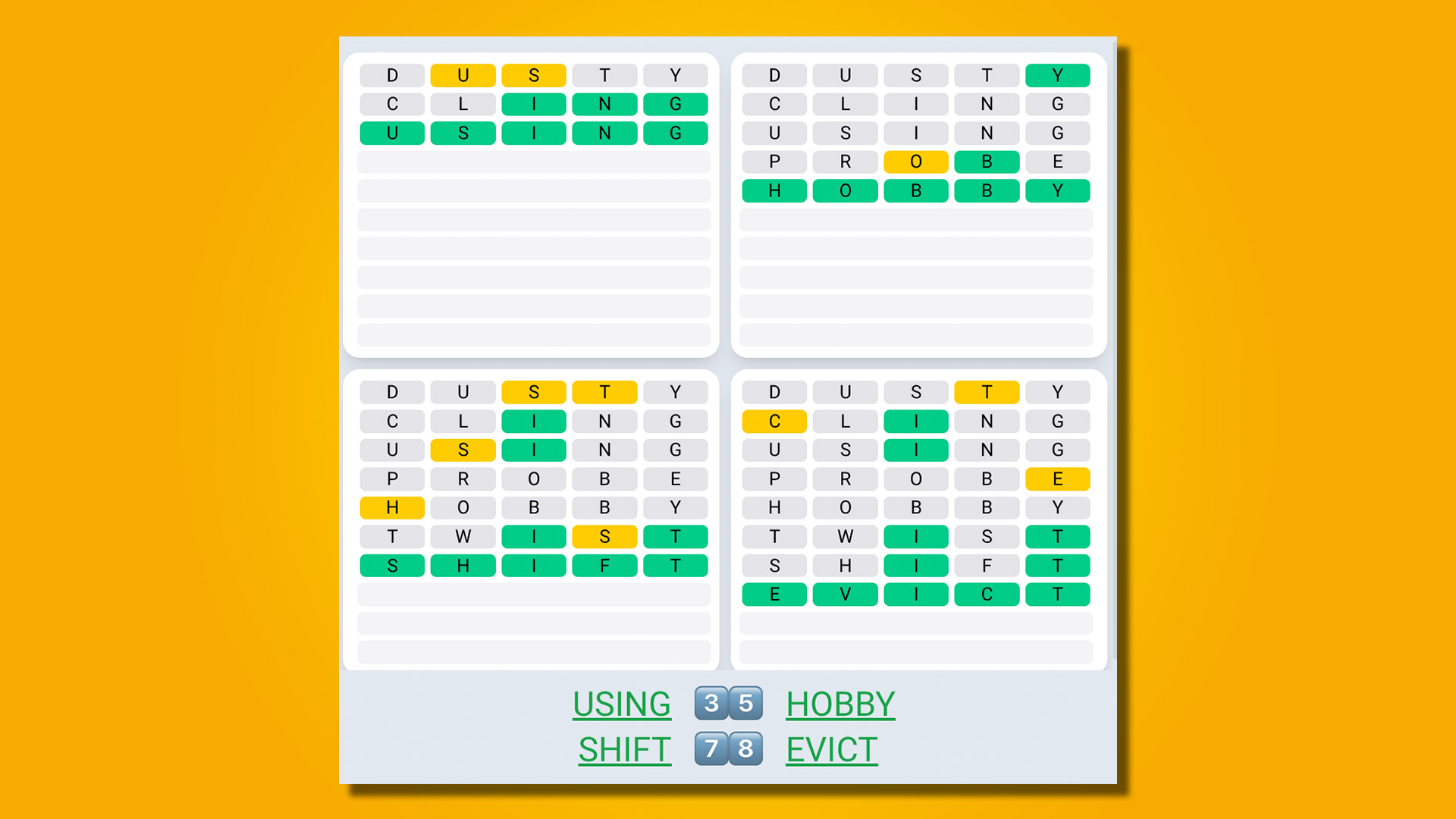 Quordle daily sequence answers for game 531 on a yellow background