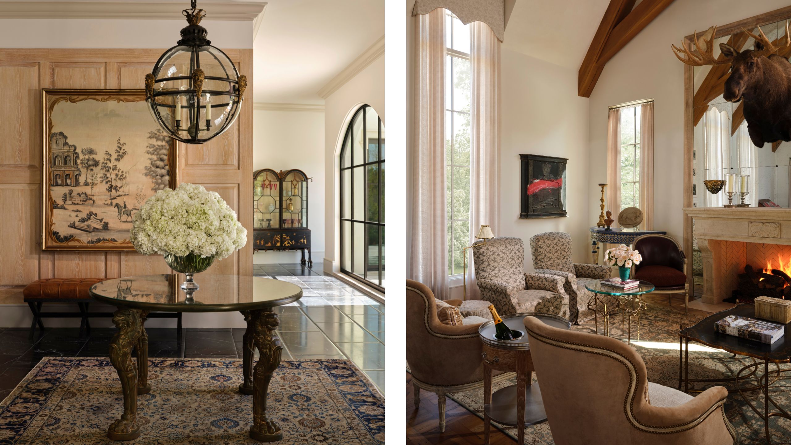 two side by side images of a Dallas home with a layered entry and a dramatic parlor room