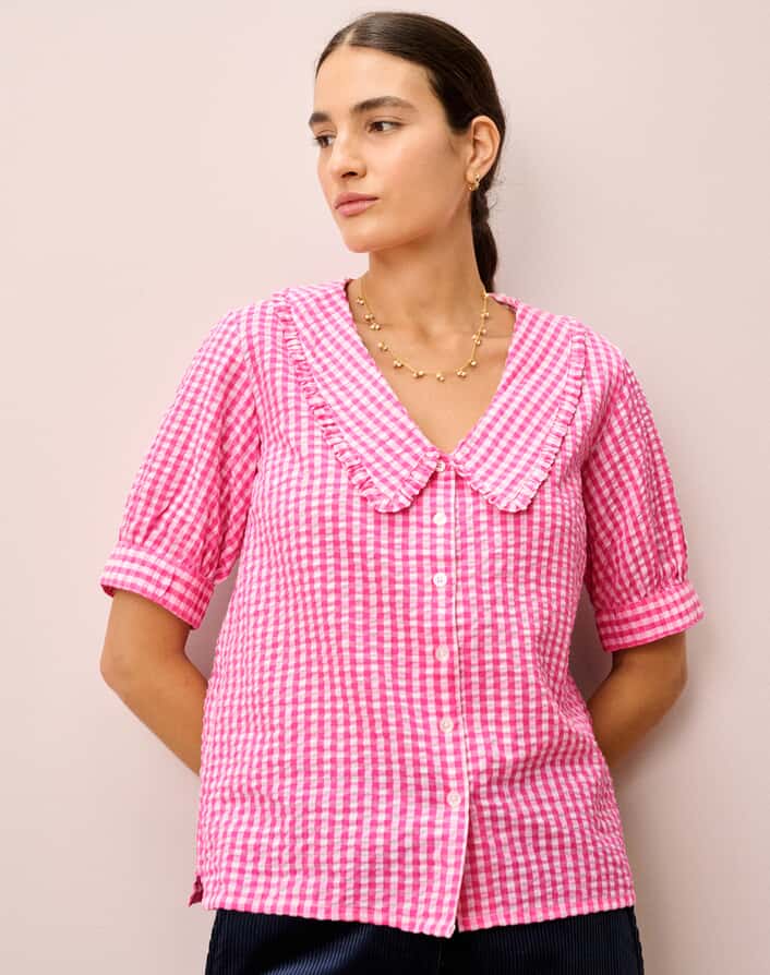 Brora, Cotton Gingham Chelsea Collar Blouse