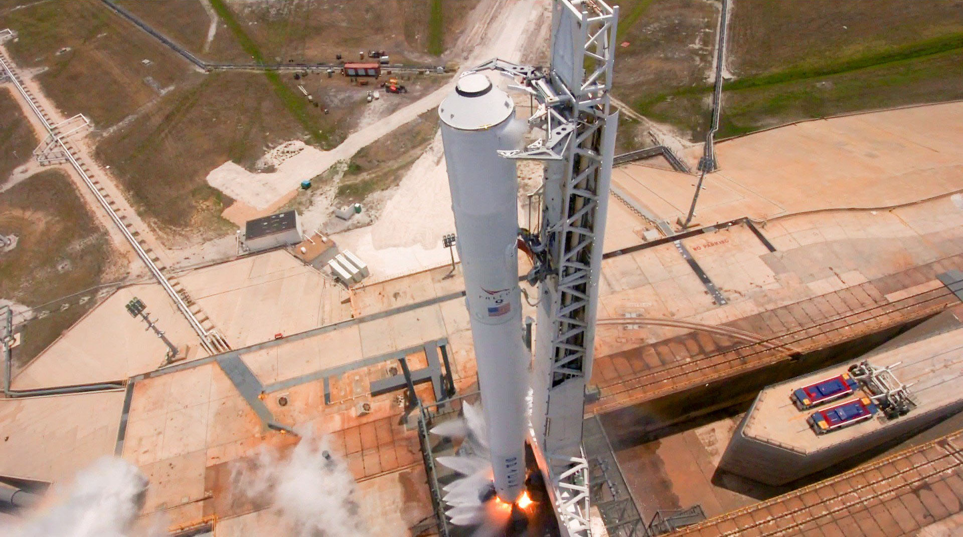 The SpaceX Falcon 9 rocket that will launch the Inmarsat 5-F4 communications satellite is test fired at Pad 39A of NASA&#039;s Kennedy Space Center in Cape Canaveral, Florida ahead of its May 15, 2017 launch.