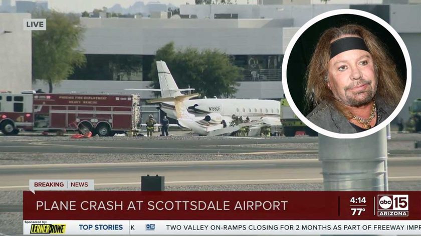 A screengrab of a ABC news report of the plane crash, plus (inset) Vince Neil