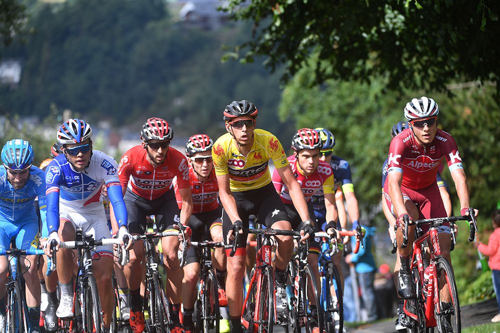 Dylan Teuns leads the group up a climb at Wallonie