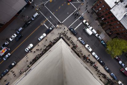 People line up for a job fair in New York.