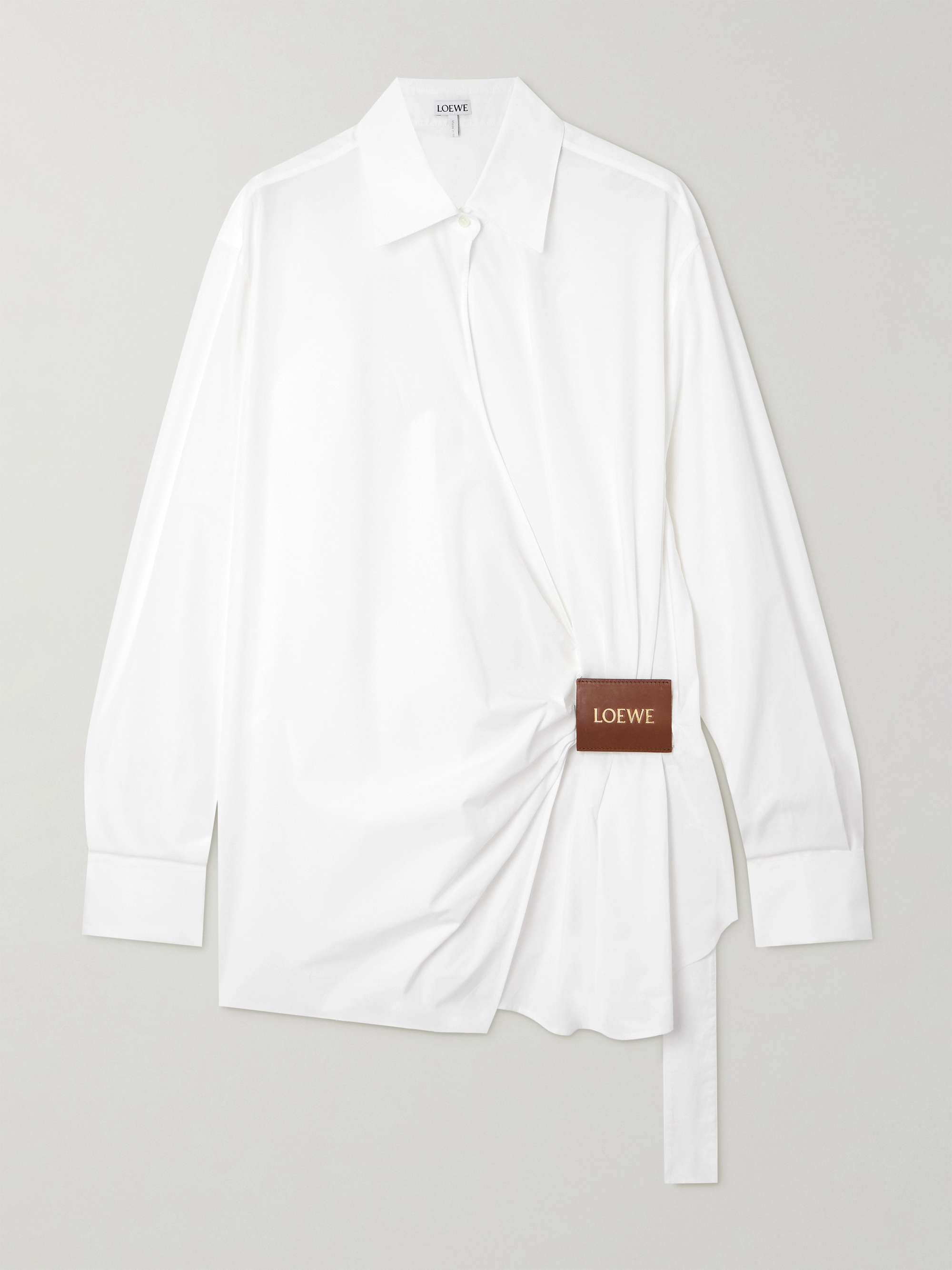 Wrap-Effect Leather-Trimmed Cotton-Poplin Shirt