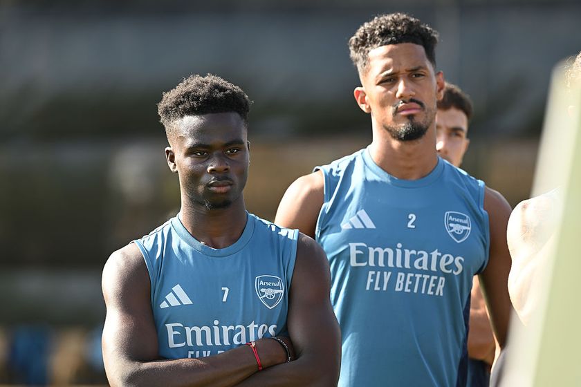 Bukayo Saka and William Saliba of Arsenal during a training session at La Manga Club on July 12, 2025 in Cartagena, Spain.