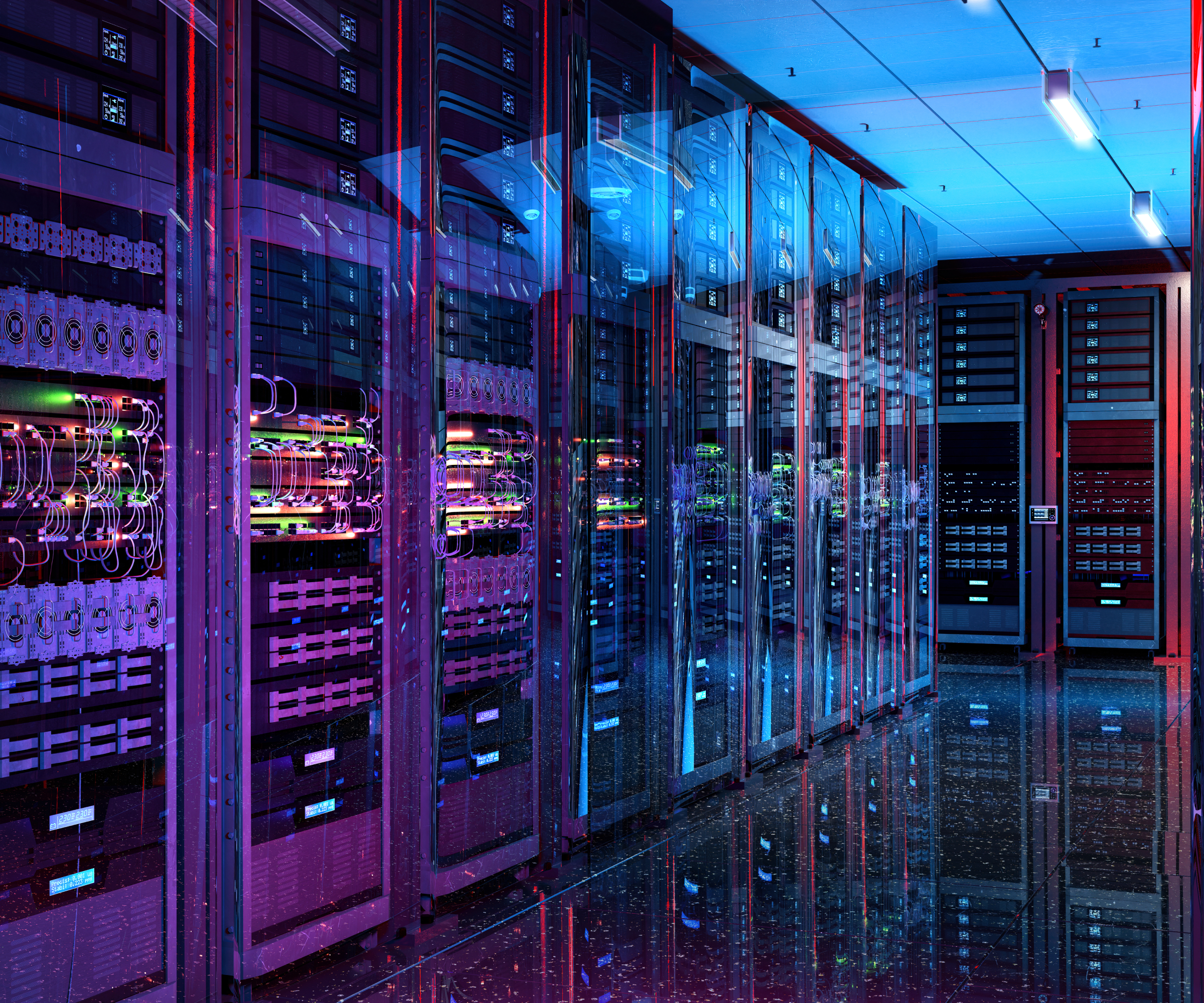 inside of data centre showing racks of equipment