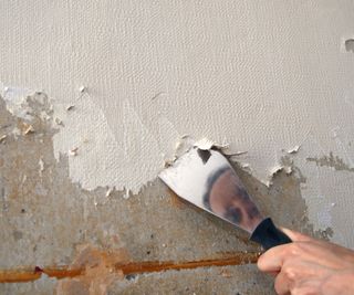 A person holding a flat scraper and scraping old cream wallpaper off an interior wall