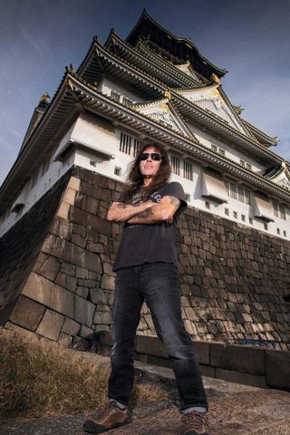 Steve Harris outside a Japanese pagoda