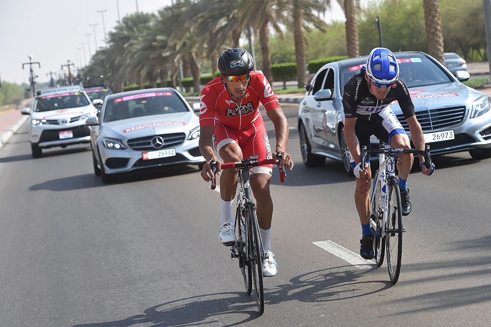 Alessandro Bazzana (UnitedHealthcare Pro Cycling) and Rafa&acirc; Chtioui (Skydive Dubai Pro Cycling Team) in the break