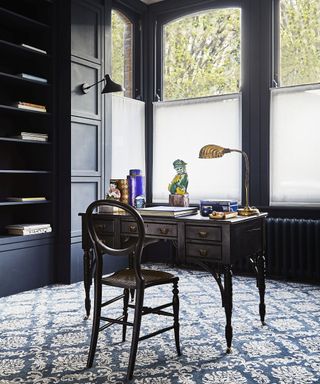 Carpetright Condo Baroque Carpet In Blue in navy office with black and gold lamps