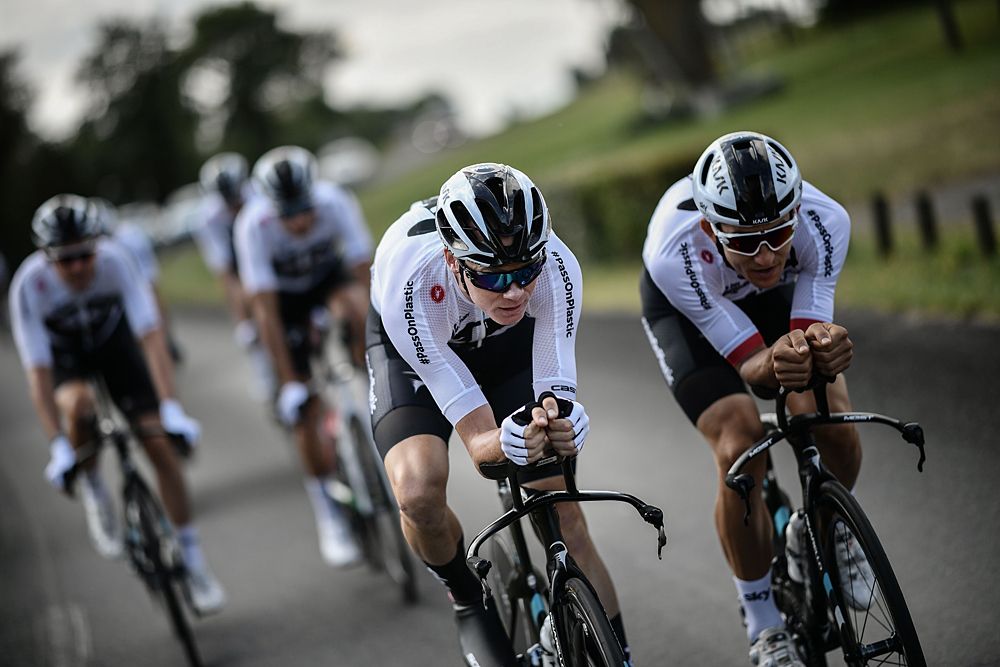 Team Sky head out for a training ride on their time trial bikes wearing new Sky Ocean Rescue kits ahead of the Tour de France