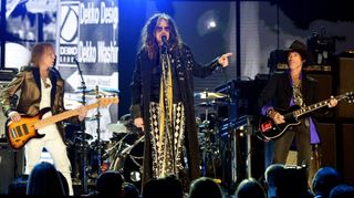 (from left) Tom Hamilton, Steven Tyler and Joe Perry of Aerosmith perform at the 62nd Annual Grammy Awards at the Staples Center on January 26, 2020 in Los Angeles, California