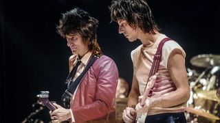 Ron Wood and Jeff Beck performing at the Ronnie Lane ARMS Benefit held at Madison Square Garden in New York City on December 8, 1983.