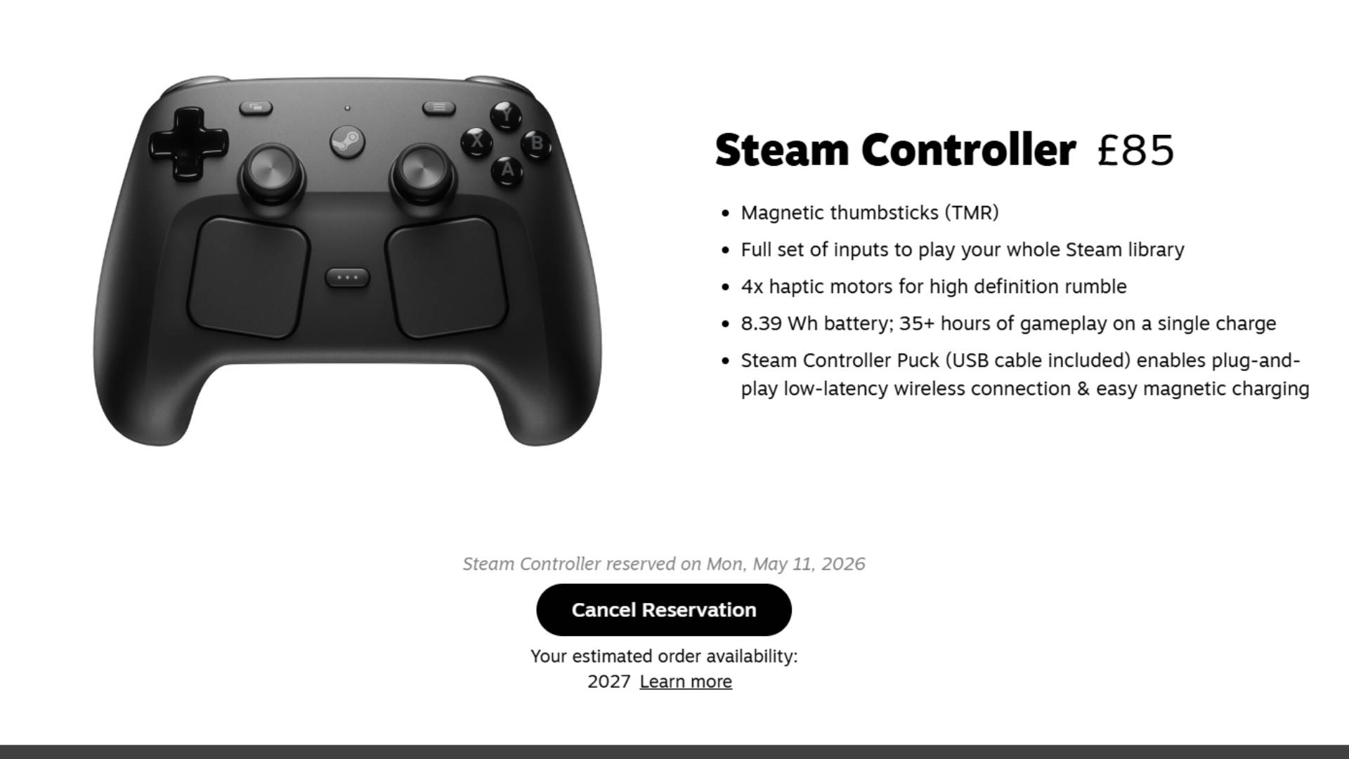 Screenshot of Steam Controller reservation page with reserved date listed as "Mon, May 11, 2026" and estimated order availability as "2027".