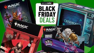 Magic: The Gathering sets surrounding a 'Black Friday deals' badge, all against a green background