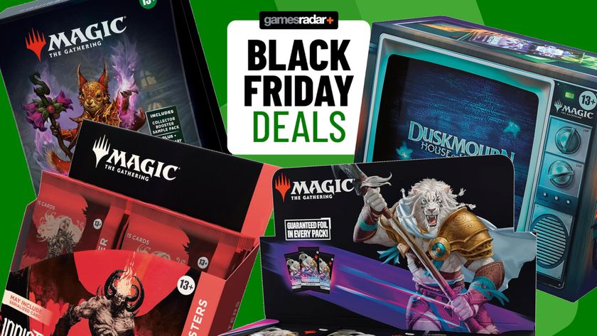 Magic: The Gathering sets surrounding a &#039;Black Friday deals&#039; badge, all against a green background