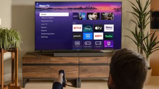 A person seated in the foreground of a living room browses the Roku home screen on a TV that sits in the background