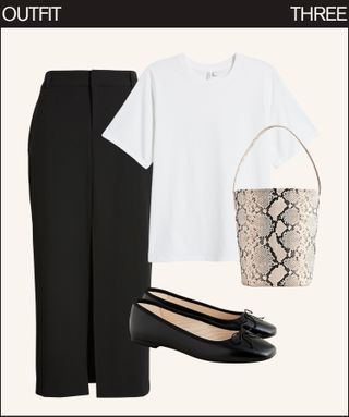 white tshirt, black trousers, snakeskin bag, and ballet flats