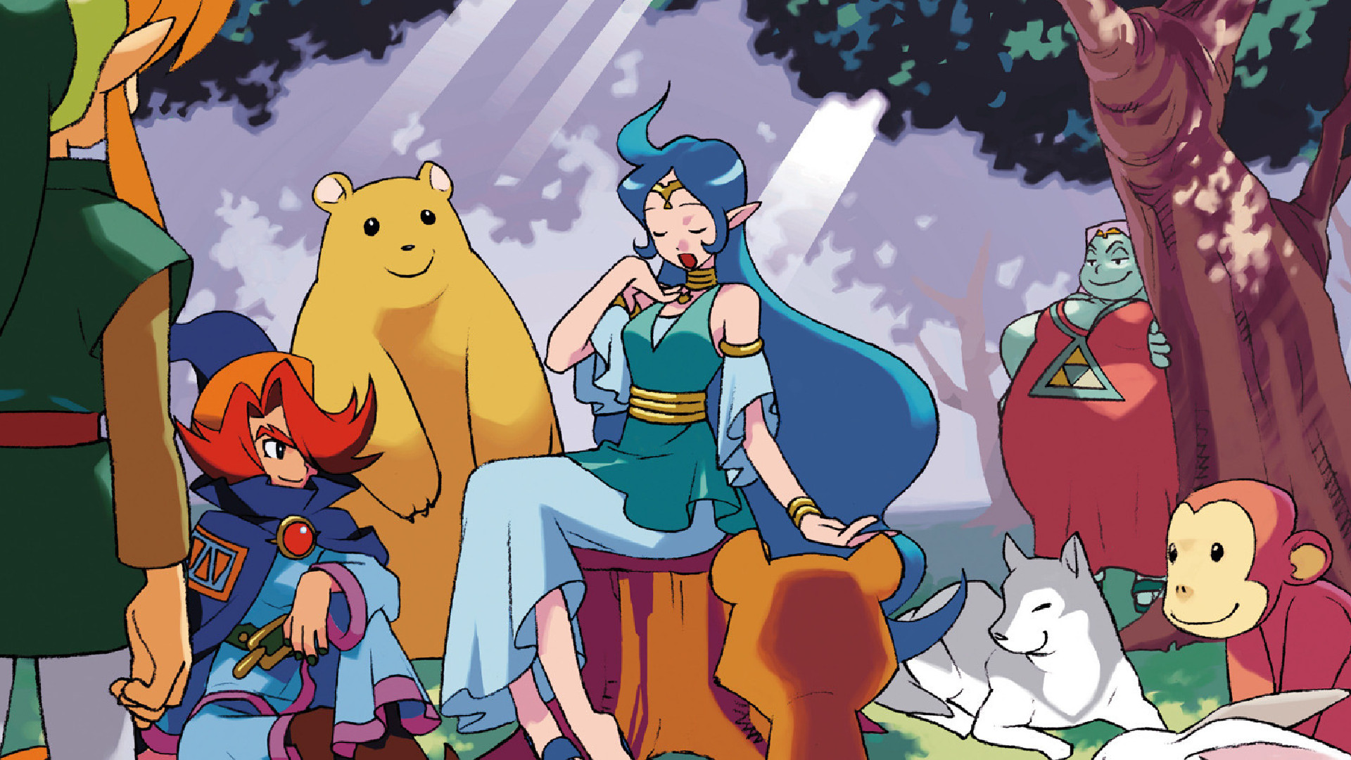 Various characters gather around Nayru, who is singing in a forest, in official art for The Legend of Zelda: Oracle of Ages