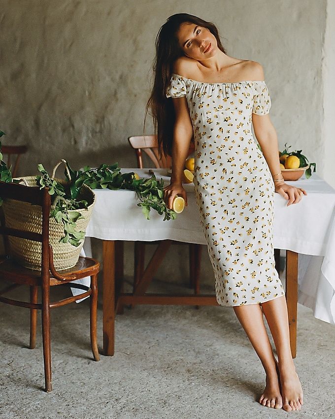 Off-The-Shoulder Slip Dress in Budding Rose Print