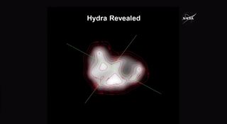 For the first time, New Horizons revealed the shape and size of Pluto's moon, Hydra, as presented in a NASA press conference on July 15, 2015, at the Johns Hopkins University Applied Physics Laboratory, Laurel, Maryland.