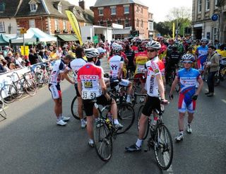 Riders line up in Oakham ready for the start of the 2011 Tesco Cicle Classic.