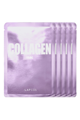 Five shiny purple LAPCOS collagen firming masks set against a white background.