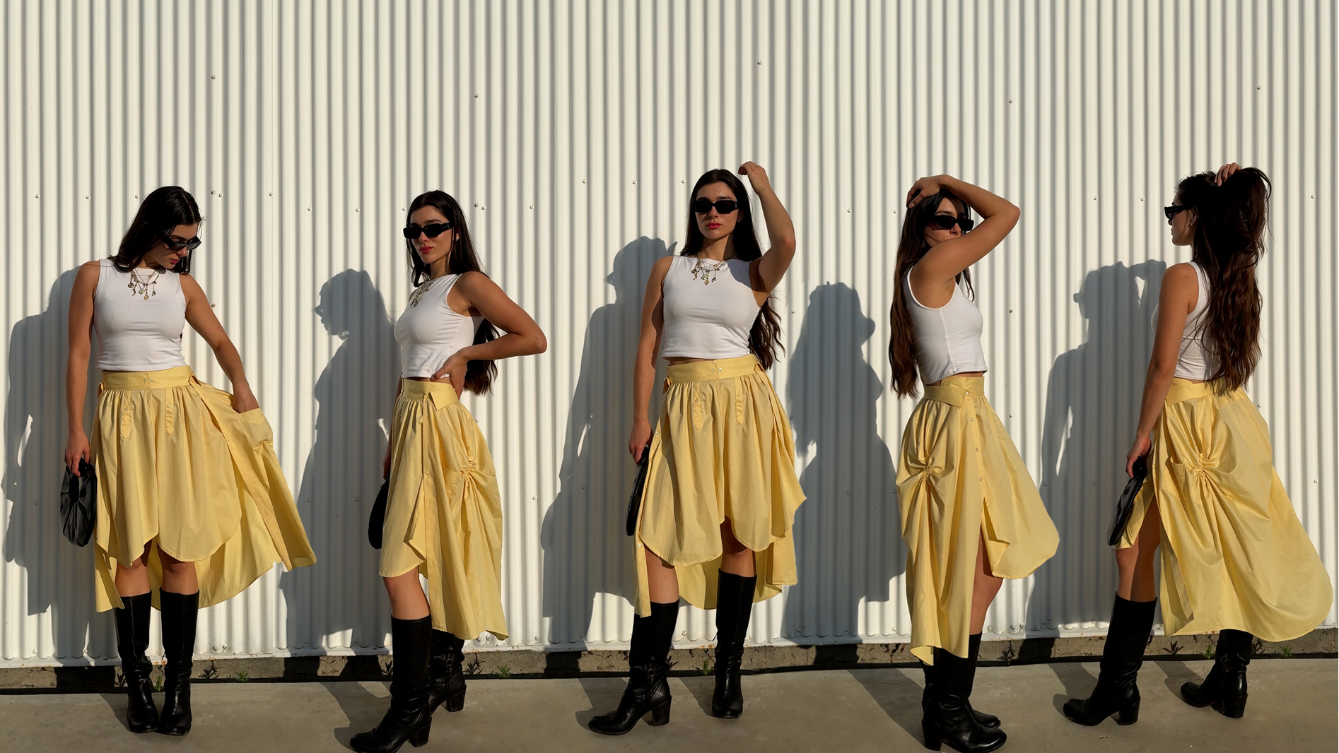 Model wearing a yellow skirt fashioned out of second-hand skirts