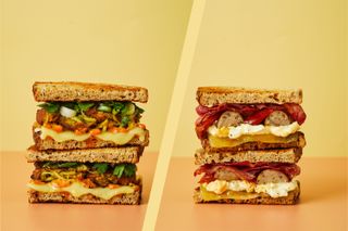 Pret autumn hot food menu 2023 Bhaji toastie split layout with breakfast melt