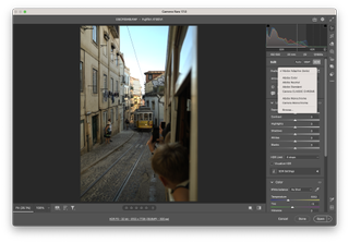 Screenshot of an image of a tram in Lisbon in Adobe's Camera Raw software