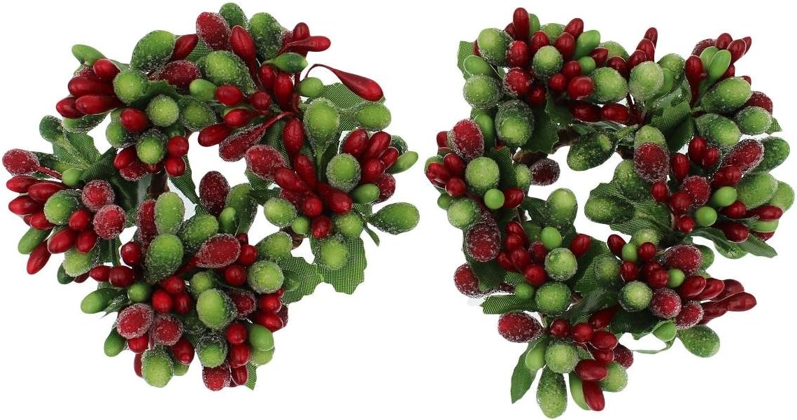 Set of 2 (two) 3-Inch Beaded Berry Wreath Candlering Candle Napkin Ring Christmas Red Green
