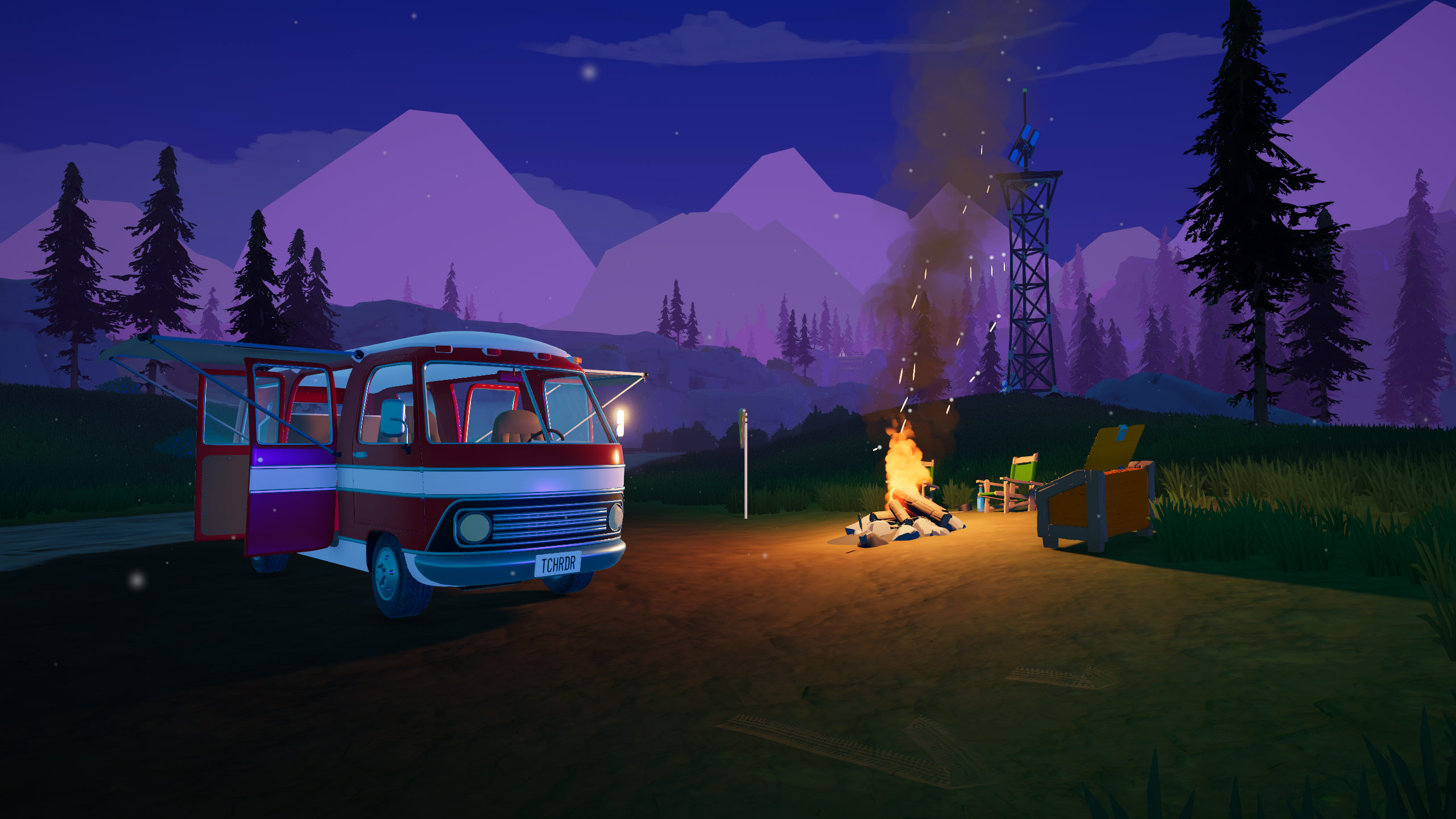 Screenshot of Outbound: red van next to campsite at sunset, with trees and mountains in background